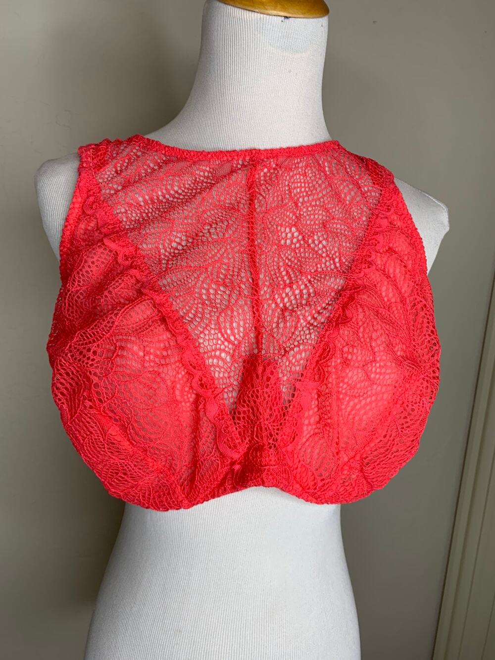 Cacique 42D Bright Red Underwire Bra High Lace Neck Bra